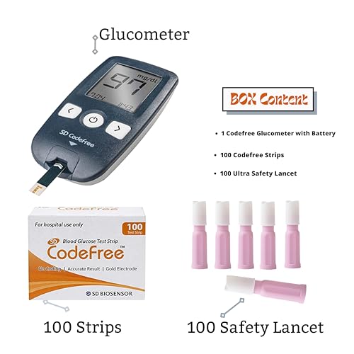 Image of SD Codefree Blood Sugar Monitor - Complete Diabetes Testing Kit with Glucose Monitor, 100 Test Strips, 100 SD Biosensor Safety Lancets & Case - Code-Free Blood Glucose Monitors for Accurate Diabetic Monitoring