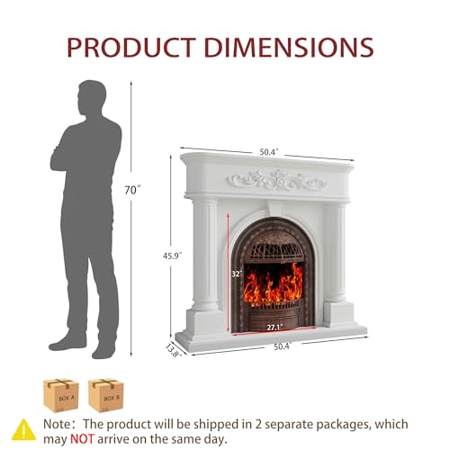 Image of Electric Fireplace with Mantel, Solid Wood White TV Stand with Fireplace for Living Room,Brown Birdcage 51 inch Fire Place Heater with Roman Column Design for Bedroom, Entryway Decor