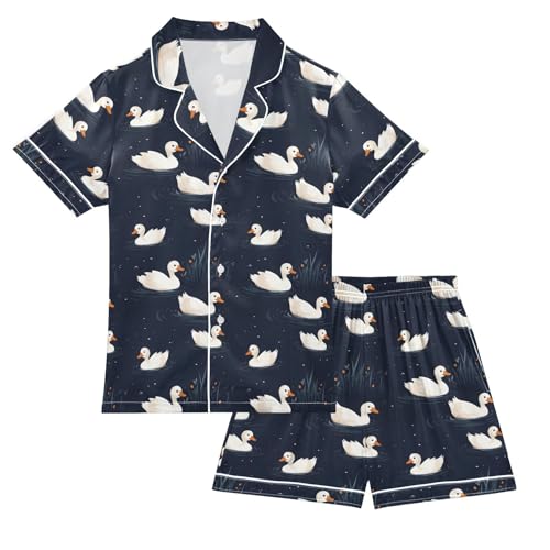ALAZA Geese Duck Water Leaf Satin Pajamas Set Short Sleeve Button Down Sleepwear Summer Pjs 2 Piece