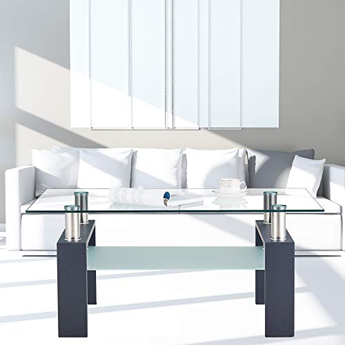 Xmatch Tempered Glass Coffee Table For Living Room With 2 Tiers Size 39.4" X 23.7" (W X D) Black #TOP7