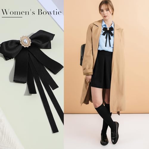 Black Tie for Women Bow Ties Adjustable Black Bowtie Clip on Bow Ties Pre Tied Bowtie Ribbon Rhinestone Tie for Shirt Girl Ladies Party Daily Cosplay School Uniform Collared Blouse Shirt Dress4