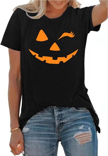 Image of hohololo Halloween Tshirts Women Smiling Pumpkin T-Shirt Happy Halloween Costume (Black-a,M)