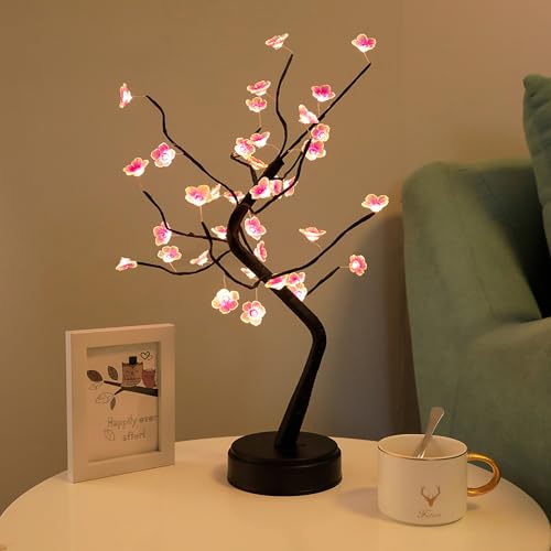 PXBNIUYA 36 LED Cherry Blossom Sparkly Fairy Spirit Tree Lights, Twinkling Tree 3AA&USB Powered, Tabletop DIY Artificial Tree Lamp for Bedroom Christmas Indoor Room Decor Lights (Warm White)