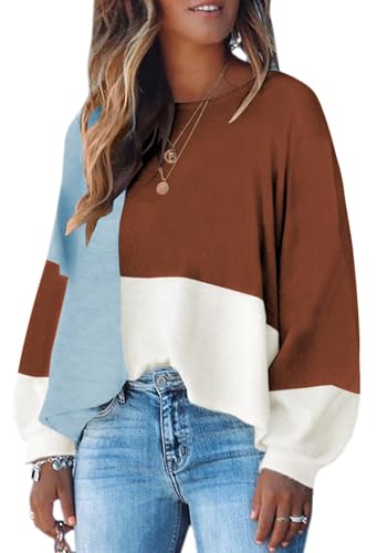 Image of ECOWISH Women Sweater Long Sleeve Color Block Knit Pullover Sweaters Crew Neck Patchwork Casual Loose Jumper Tops