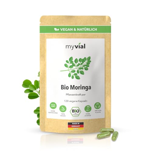 Bio Moringa Kapseln hochdosiert 120 Stück vegan ohne Zusätze plastikfrei verpackt 400mg feines Blattpulver aus Moringa Oleifera Pflanze produziert in Deutschland