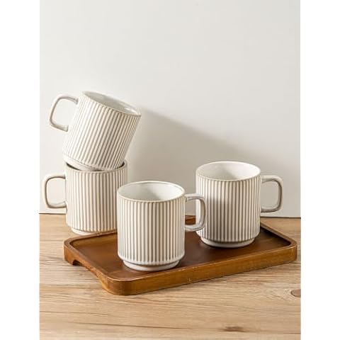 Seyatoo Coffee Mugs Set of 4, Ceramic Ribbed Coffee Mug, Tea Coffee Cups Set with Handle, Porcelain Mug for Americano, Latte, Cappuccino, Hot Chocolate, Glazed White Cover