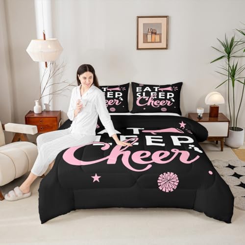 Image of Feelyou Pink Eat Sleep Cheer Comforter Set Toddler Size for Girls Boys Cheerleader Comforter Gymnastics Dancing Lovers Bedding Set Girls Cheerleading Sports Duvet Set Quilt Set