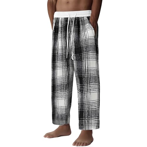 Xiaojmake Mens Cotton Flannel Pajama Pants Lounge Sleep Pant Straight Leg Plaid Check PJ Bottoms Sleepwear with Pockets