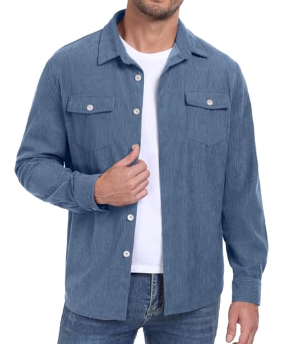 Askdeer Men's Corduroy Button Down Shirts Long Sleeve Casual Shacket Jacket Western Corduroy Shirt Jacket with Flap Pockets, A09 Light Blue, XX-L - Image 5