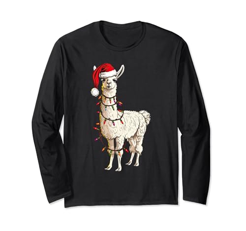 Linda llama de Papá Noel con luces de Navidad divertida Navidad Manga Larga