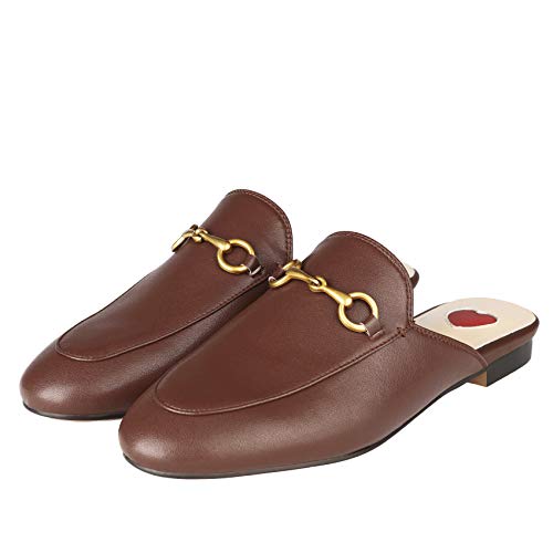 Image of Arqa Mules for Women Almond Toe Leather Flats Slip-on Comfort Backless Loafers Buckle Mule Shoes