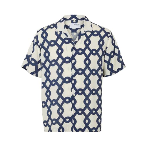 Chemise Selected col cubain bleu écru vêtement homme manches courtes taille L tendance