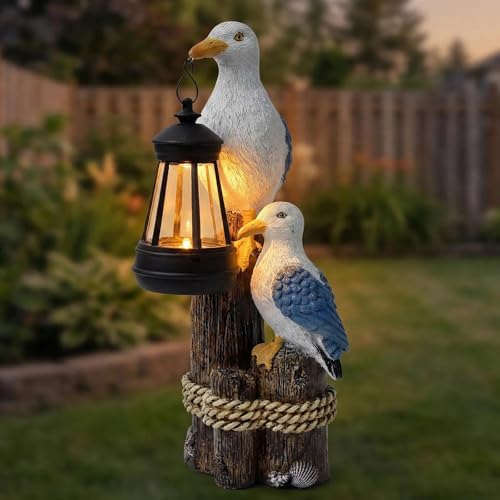 GIGICICI Seagull Solar Garden Outdoor Decor Statues with LED Lantern, Hand Painted Resin Animal Figurine Lights for Patio Lawn Yard Pathway, Unique Coastal Gifts for Women Mom Grandma