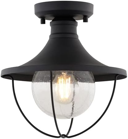 VAXCEL Dunlap 1 Light Textured Black Coastal Semi-Flush Mount Ceiling Light with Clear Seeded Glass, Ideal for Entryways & Patios