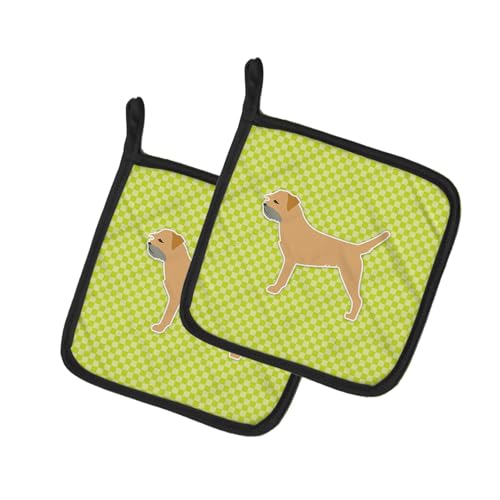 Caroline's Treasures BB3789PTHD Border Terrier Checkerboard Green Pair of Pot Holders Kitchen Heat Resistant Pot Holders Sets Oven Hot Pads for Cooking Baking BBQ, 7 1/2 x 7 1/2