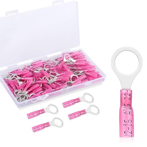 100 Pack Heat Shrink Ring Terminals - 3/8" - Red 22-16 AWG Marine Grade Heat Shrink Wire Connectors - Tinned Red Copper Eyelet Wire Connectors