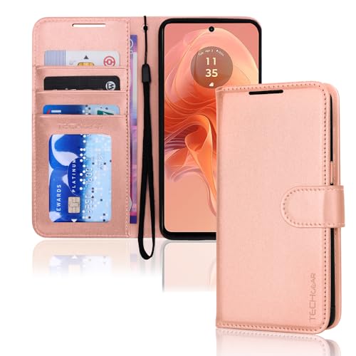 TECHGEAR Moto G04 / Moto E14 / Moto G24 / Moto G04s Phone Leather Wallet Case Flip Protective Cover with [RFID BLOCKING] Wallet Card Holder Stand & Strap Rose Gold PU Leather with Magnetic Clasp