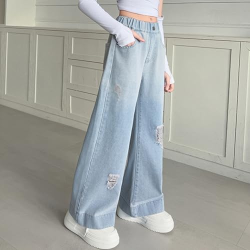 Viatabuna Baggy Ripped Jeans for Girls High Elastic Waist Wide Leg Distressed Denim Pants Kids Cute Pull On Jeans 5-14 Years4