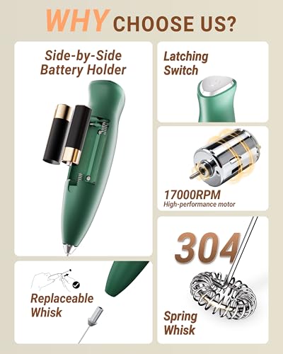 Image of Milk Frother With Stand Milk Frother Wand Coffee Frother Handheld Drink Mixer Handheld with 2 Whisks Electric Whisk Stirrers Electric Milk Frother for Coffee Mixer Wand-Green