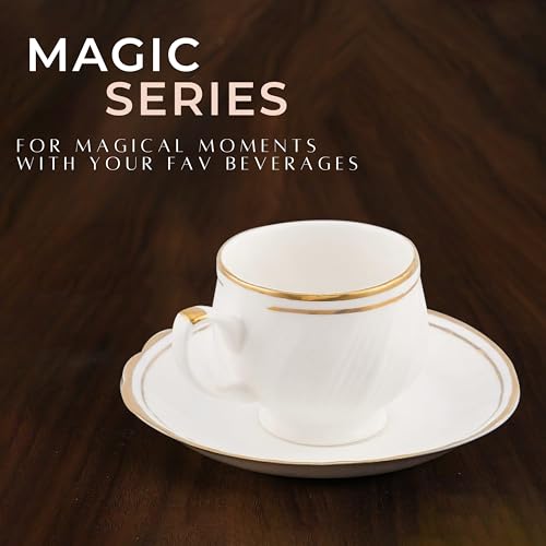 Bone China Tea Set with 6 Cups & Saucer, Tea Kettle Pot, Milk Pot, Sugar Pot White with Gold Line (Set of 15pcs)