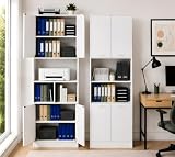 ZECIIYE Set di 2 Armadi Ufficio Bianchi, Schedari con 8 Ante, 2 Vani Stampante e Ripiani Regolabili, Mobili Multiuso Salvaspazio per Camera e Bagno, Credenze per Cucina e Soggiorno