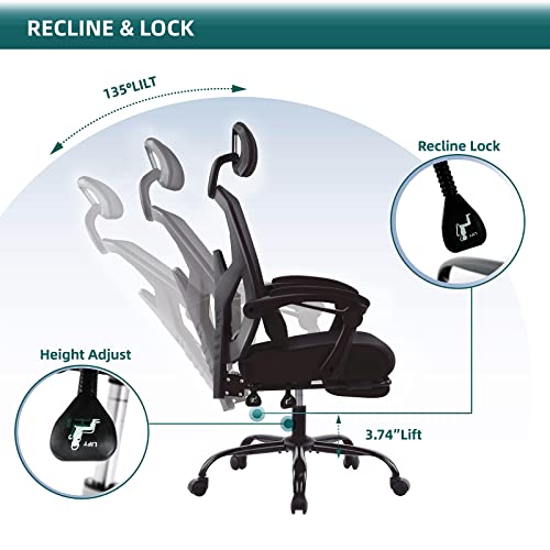Image of DUMOS Home Office Desk Chair with Footrest, High-Back Mesh Rolling Swivel Reclining Chairs with Wheels, Comfortable Headrest, Lumbar Support, Comfy Arms for Home, Office, Gaming, Student, Inky