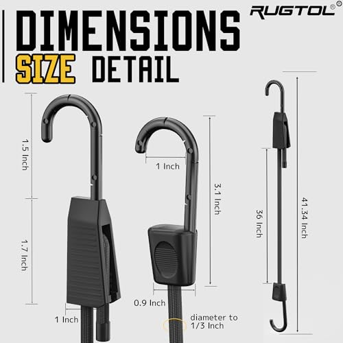 Adjustable Bungee Cords with Hooks, 36inch Heavy Duty Outdoor Elastic Bungee Straps Easy to Adjust, UV Resistance Black Bungee Rope for Securing Tarps, Luggage, Tents, Cargo, Bike, etc 6Pcs by Rugtol - Image 2