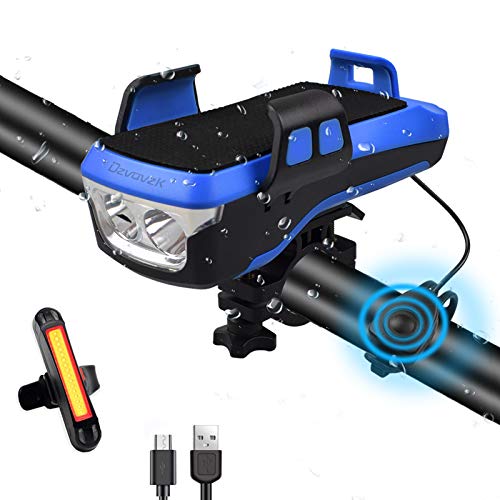 Ozvavzk Lampe de Vélo Rechargeable,Ensemble d'éclairage de Vélo Multifonction 4 en 1,Lumière de Vélo avec Téléphone Support 130DB Klaxon et D'éclairage Lumière Vélo Avant et Arrière étanch(2400mA)