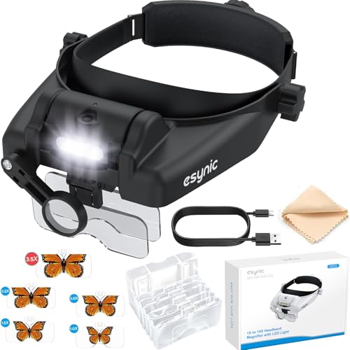 eSynic Rechargeable Head Magnifier Adjustable Head Magnifying Glass with Light Double Lens Design Headband Magnifying Glass 1X to 14X Headband Magnifier with LEDs &5 High Clarity Lens for Reading etc