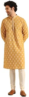 KISAH Men's Kurta Churidar Set, Yellow Cotton, Foil Print Regular Fit Mandarin Collar Long Sleeves Price In India