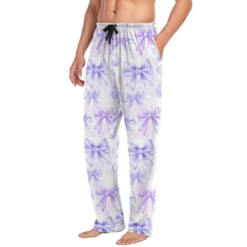 Men's White Bows Pajama Pants with Elastic Waistband | Soft Lounge Sleepwear | Breathable Sleep Pants for Home（532）4