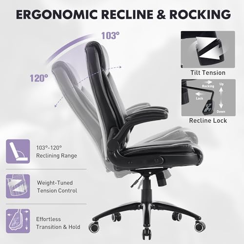 Image of 300lbs Capacity Executive Desk Chair Set of 2 with Ergonomic Lumbar Support, Flip-up Arms & High Back Leather Computer Chair for Home /Office, Black