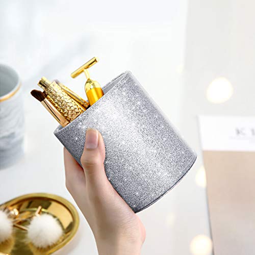 Image of Glitter Pen Holder, Pencil Cup Desk Sparky Bling for Women Girls, Luxury Durable Makeup Brush Holder Large Pu Leather Multi-Functional Organizer Cup for Office, Classroom, Home, Silver