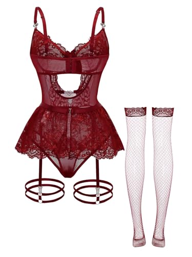 Image of Foxiny Sexy Lingerie Set 3 Piece Women Corset Bodysuit | Sheer Mesh Lace Push-Up Underwire Heart Garter Stocking Plus Size Curvy Exotic Costume Halloween Christmas Valentine's Day