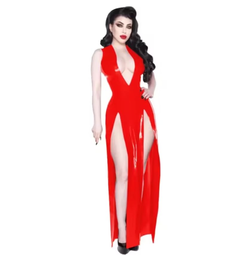 Plus Size Spacco Anteriore Maxi Abito In Pelle PVC Donne Halter Scollo A V Abito Da Partito Sissy Banchetto Abito Lungo per Club Cocktail Personalizzabile
