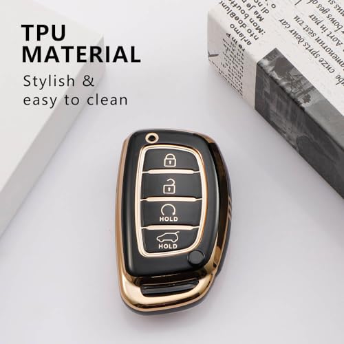 Image of TPU Car Key Cover Black & Golden Compatible for Hyundai Creta, Venue, I20 (2021),Alacazar, Elantra, Tuscon (Hyundai, 4 Button Push Smart Key New)