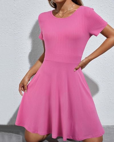 Image of Newshows Womens 2025 Summer Dresses Short Sleeve Ribbed Knit A-Line Swing Beach Vacation Outfits Casual Sundress with Pockets