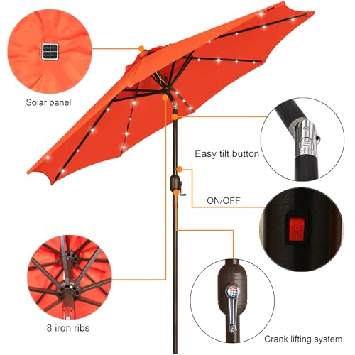 Image of Blissun 9 ft Solar Umbrella, 32 LED Lighted Patio Umbrella, Table Market Umbrella, Outdoor Umbrella for Garden, Deck, Backyard, Pool and Beach (Orange)