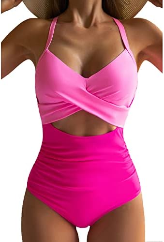 Eomenie Women's One Piece Swimsuits Tummy Control Cutout High Waisted Bathing Suit Wrap Tie Back 1 Piece Swimsuit Pink Color Block