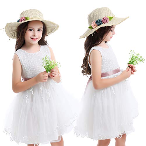 Bienvenu Girl Kids Sun Hat Summer Wide Brim Floppy Beach Sun Visor Hat With Flowers,Beige #TOP1