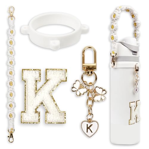 Cute Letter Charm Set Compatible with Owala Water Bottle 24 oz, 32 oz, 40 oz, Owala Kids, Owala Coffee Tumbler, Owala FreeSip – Includes Handle Strap, for Owala & Stanley Cup Accessories (White, K)