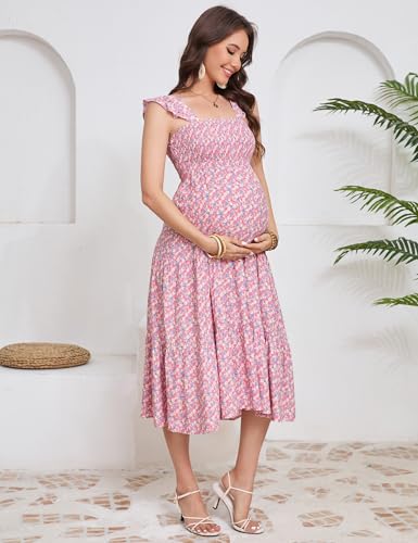 Image of KOJOOIN Womens Maternity Dress Summer Sleeveless Smocked Square Neck Ruffle Casual Boho Midi Dress Baby Shower Photoshoot