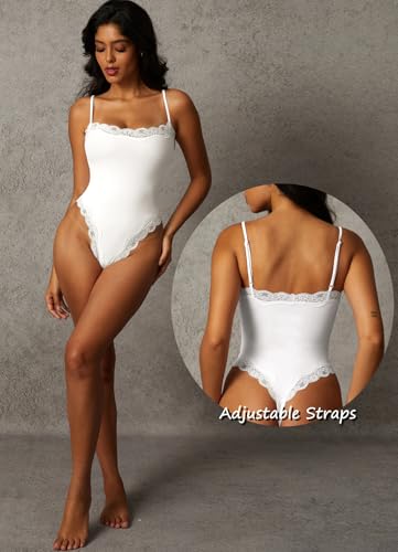 Image of Navneet Women Sexy Lace Bodysuit Lace Trim High Cut Thong Spaghetti Strap Cami Bodysuit Going Out Tank Tops Body Suit