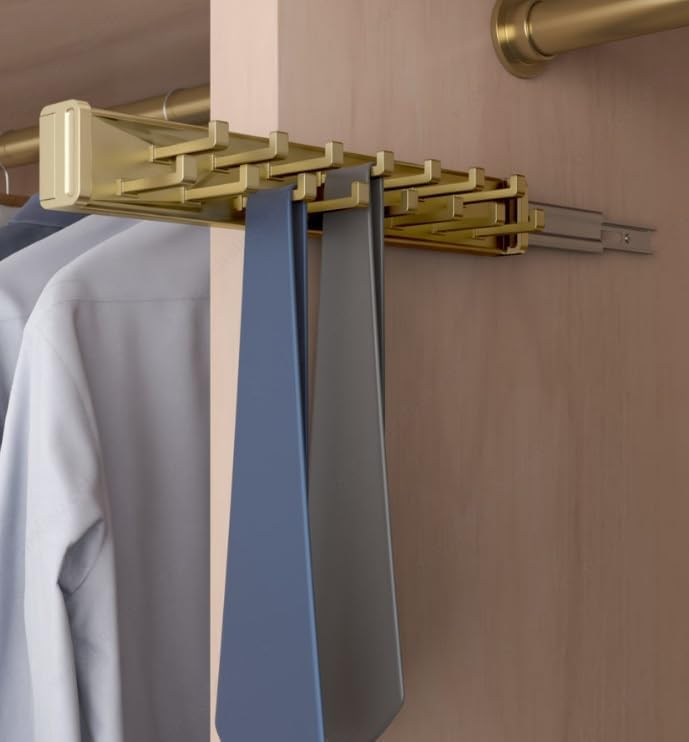 15-Hook Designer Wardrobe Reversible Closet Tie Rack with 11.22 Inch Retractable Pullout Extension (Matte Brass)