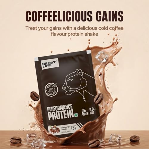 Image of BeastLife Performance Yeast Protein Powder | 25g Protein | Cold Coffee |NABL Lab Certified | High Absorption for Muscle Growth |Smooth & Light, Easy to Digest with Ultrasorb Tech|5.64g BCAA | Best For Gut | Beta Glucan | Improves Immune Function | Pack of 5| 200g