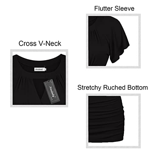 Ninedaily Shirts For Women Dressy, Summer Blouses 2023 Sexy Tunic Tops Crossover V Neck Raglan Short Sleeve Ruched Blouse Side Shirring Slimming Fitted Ladies Maxi Dress Tees T-Shirts Elegant Black, M #TOP4