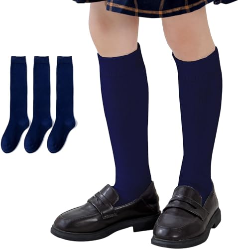Calcetines Altos Escolares para Niñas, Medias Largas de Algodón para Uniforme y Deporte, 3 pares (FR/ES, Números, 33-38cm, Azul)