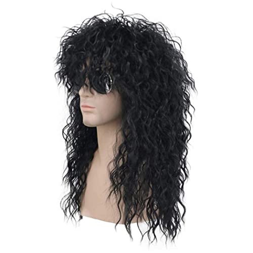 Baobiutin Perruque Hommes 80s Noir Perruque Longue Bouclée Punk Mullet Perruque Halloween Cosplay Costume Accessoire Cover