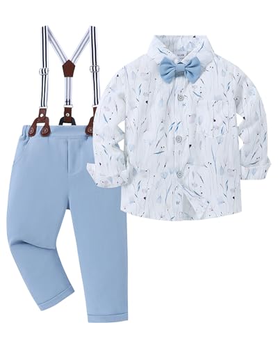 Image of YALLET Toddler Baby Boy Clothes Suit Gentleman Wedding Outfits Formal Dress Shirt+Bowtie+Suspender Pants