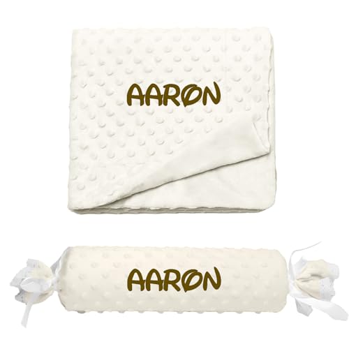 Various Manta y Cojin Antivuelco Personalizado para bebé Recien Nacido, Personalizado con su Nombre Bordado. (Beige)